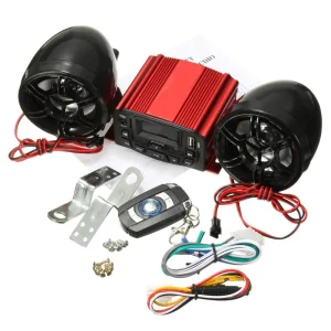 12V Motorcycle Red Sound System SD USB MP3 Motorcycle Bluetooth Audio Remote Control Stereo 2 Speakers Waterproof FM Radio